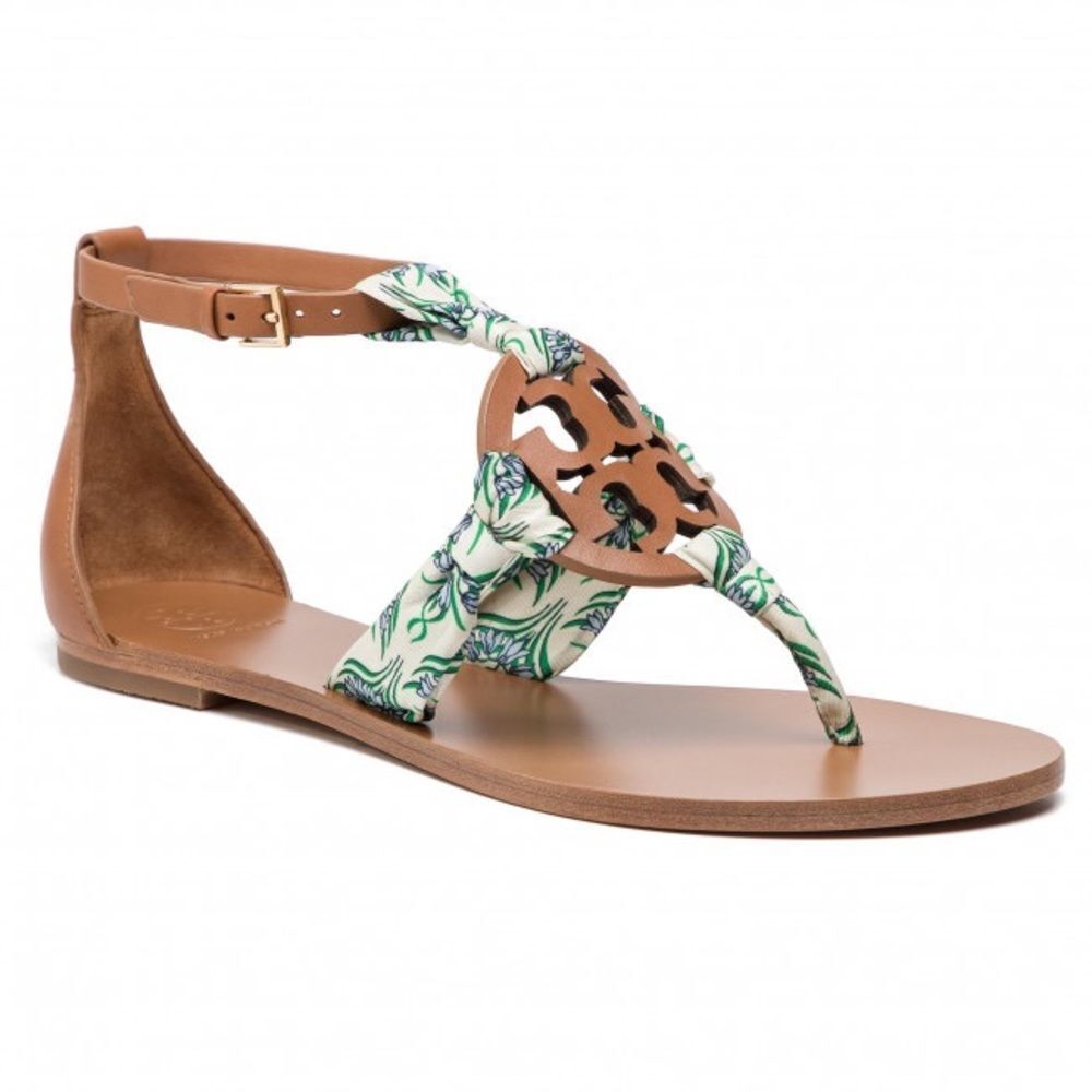 Tory burch leather logo blue Meridian floral fabric miller scarf ankle sandals - Picture 1 of 11